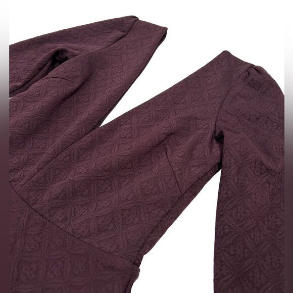 Cooperative Textured Plum Purple Long Sleeve Dress Deep V Neck A-Line Skater - Picture 6 of 9